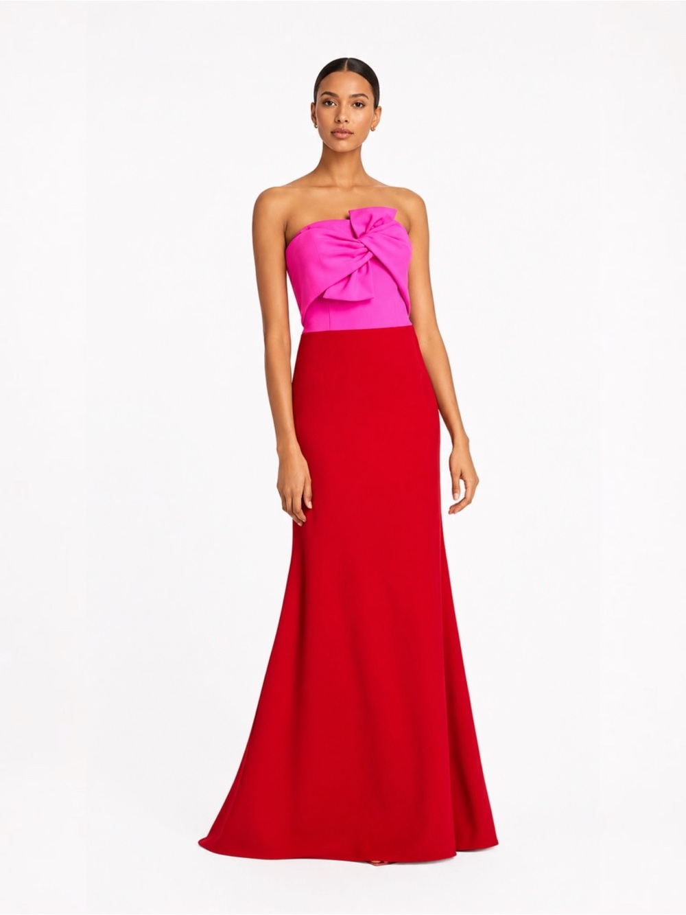 Aqua Strapless Two-Tone Bow Gown in Fuchsia and Red Colorblock